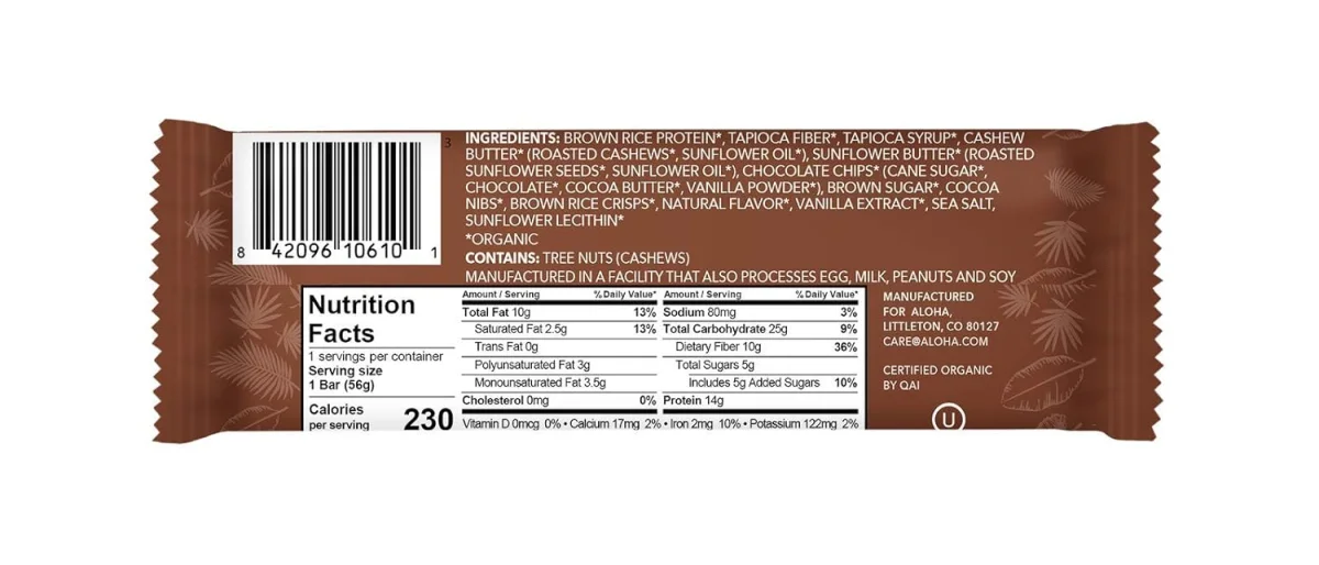 ALOHA Organic Plant-Based Protein Bar, Chocolate Chip Cookie Dough - 1.98 oz