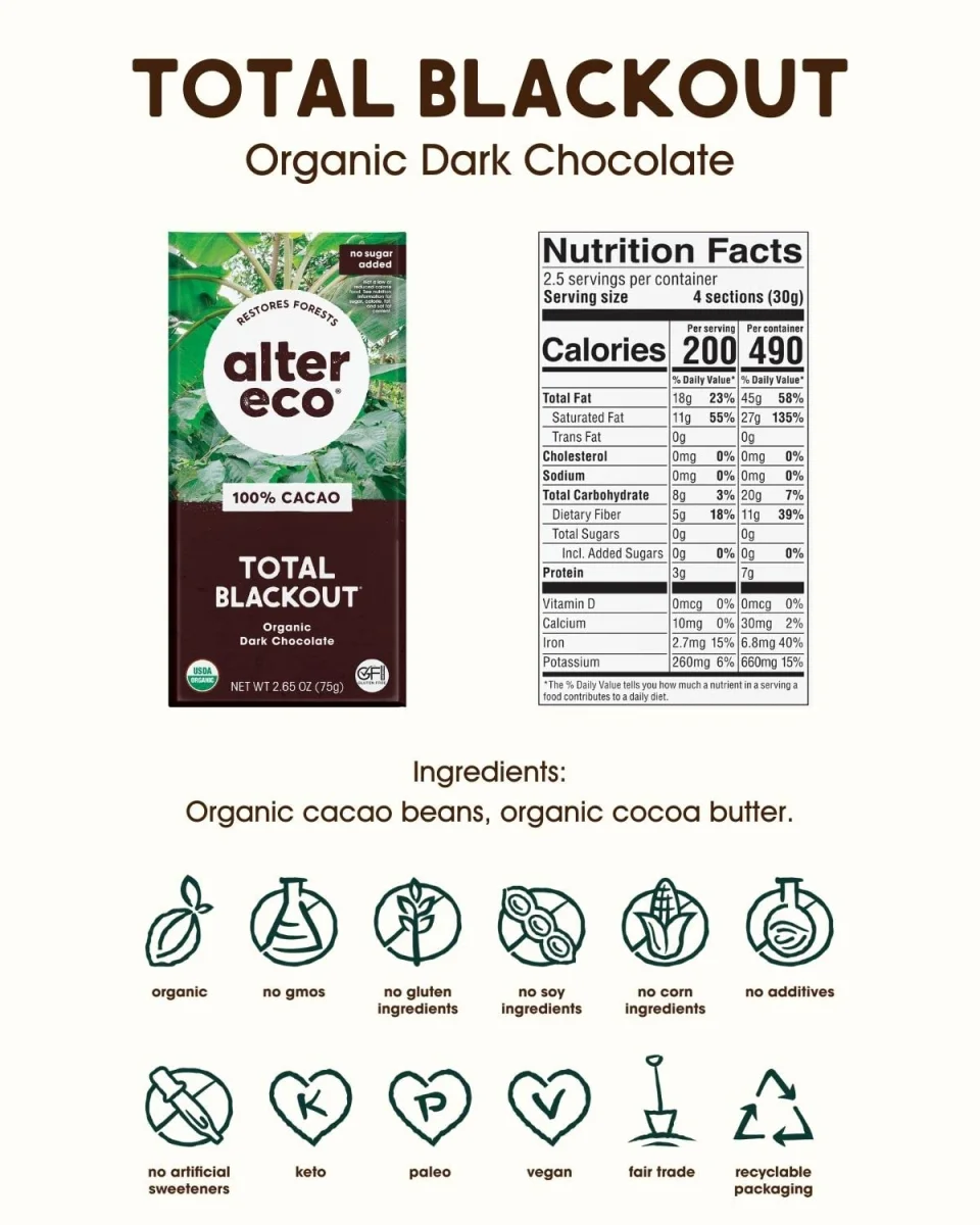Alter Eco Dark Chocolate Bar, Pure Dark Cocoa