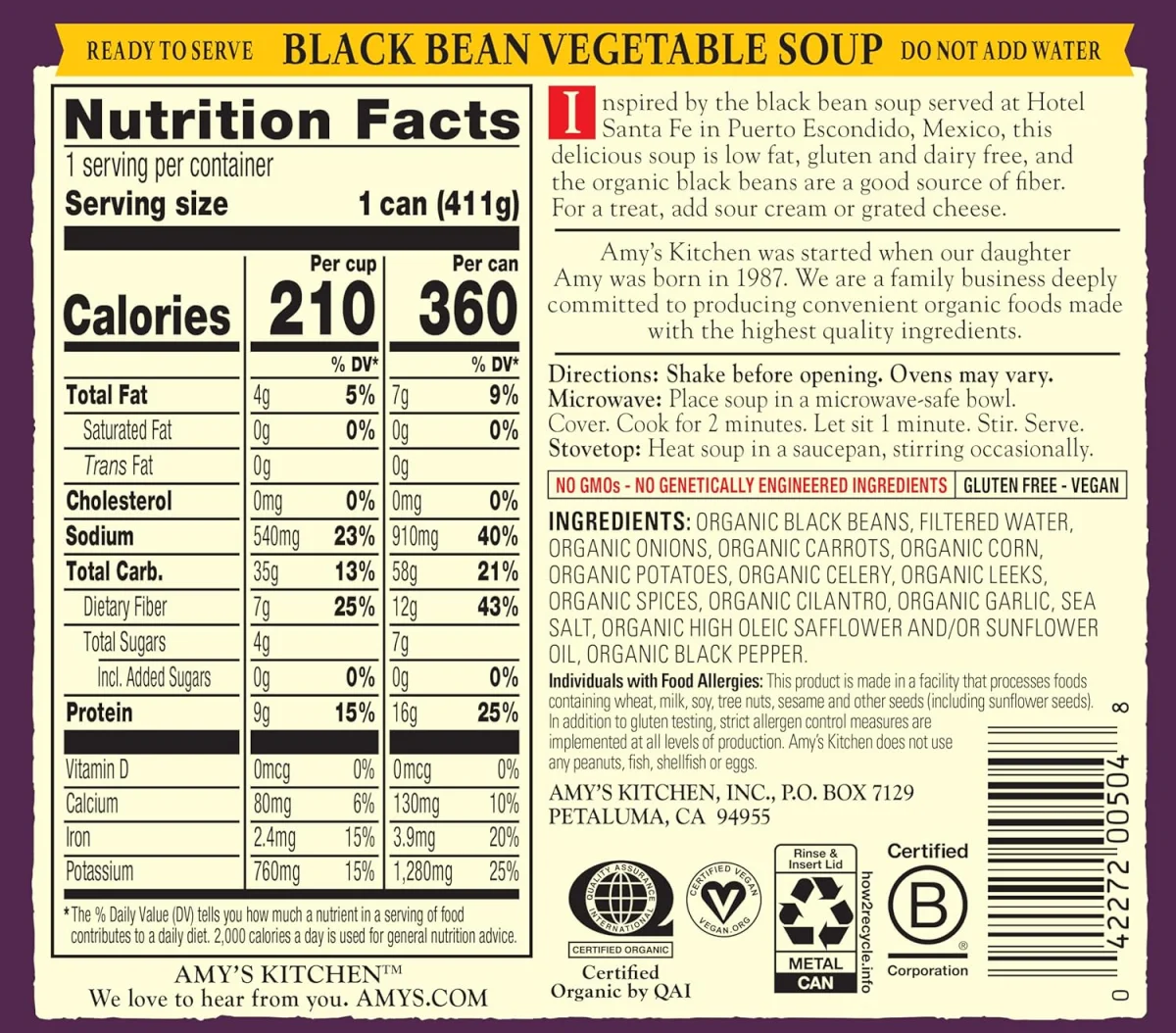 Amy's Organic Soup, Black Bean Vegetable - 14.5 fl oz
