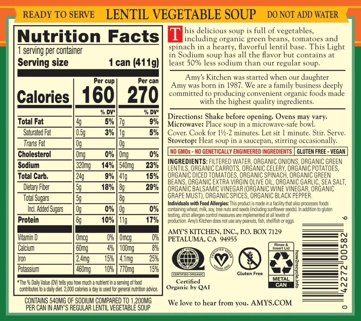 Amy's Organic Soup, Light in Sodium Lentil Vegetable - 14.5 fl oz