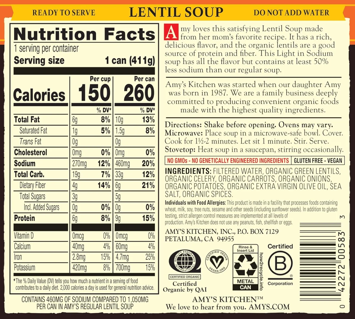 Amy's Organic Soup, Light in Sodium Lentil - 14.5 fl oz