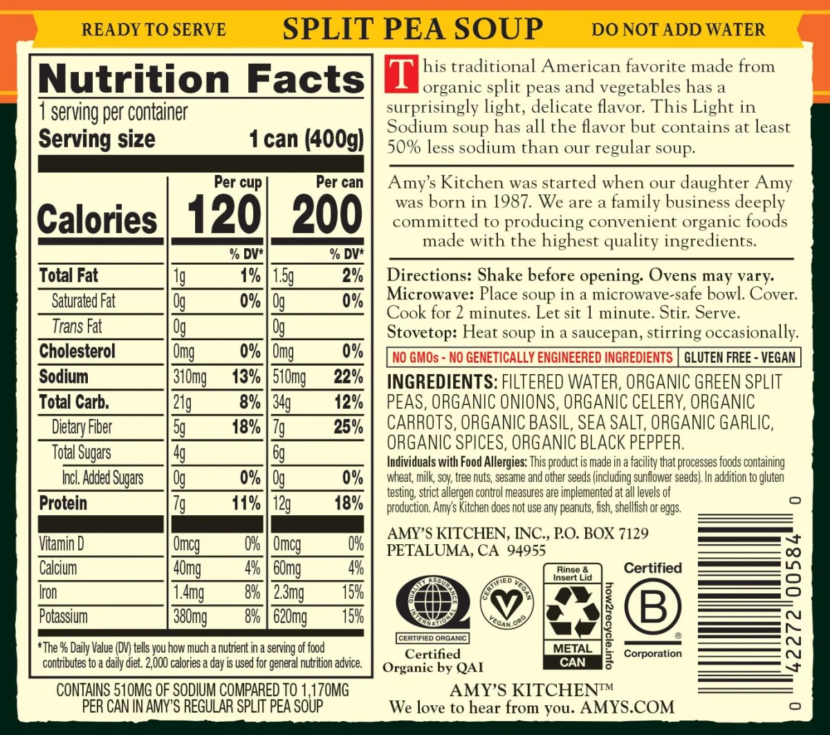 Amy's Organic Soup, Light in Sodium Split Pea - 14.1 fl oz