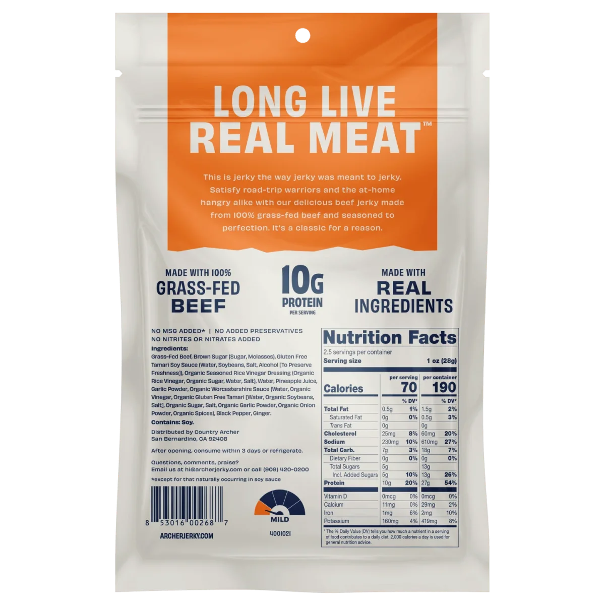 Country Archer Grass-Fed Beef Jerky, Teriyaki - 2.5 oz