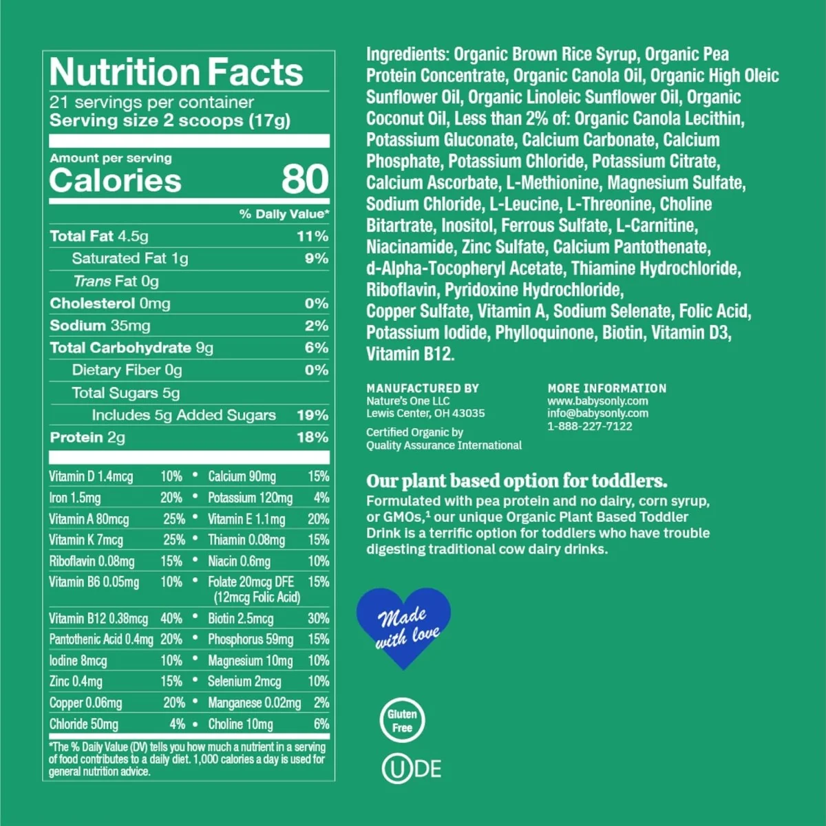 Baby's Only Organic Toddler Drink, Plant Based Pea Protein Powder - 12.7 oz