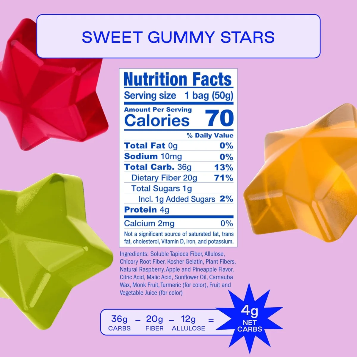 BEHAVE Low Sugar Gummy Candy, Sweet Stars Raspberry Pineapple Apple