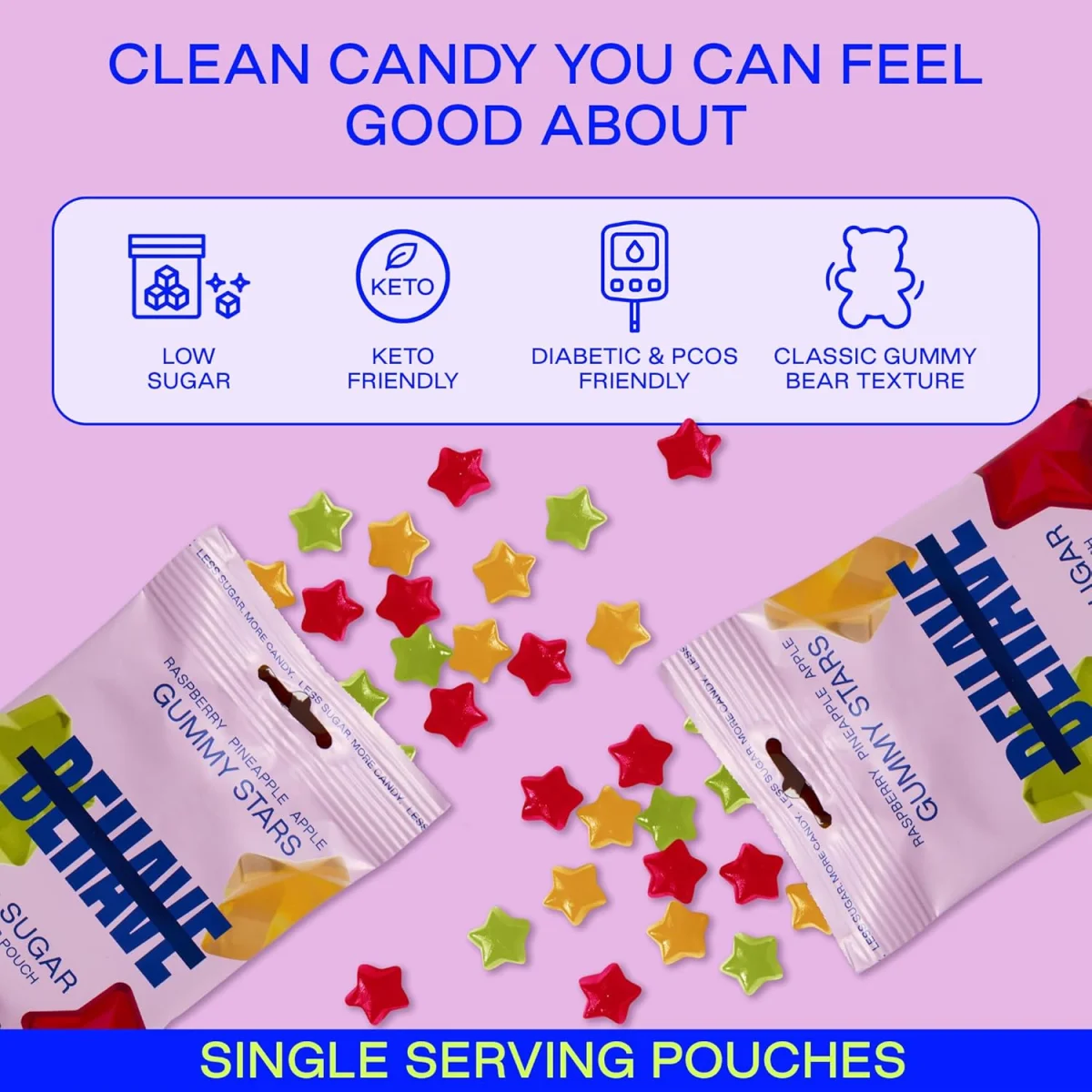BEHAVE Low Sugar Gummy Candy, Sweet Stars Raspberry Pineapple Apple