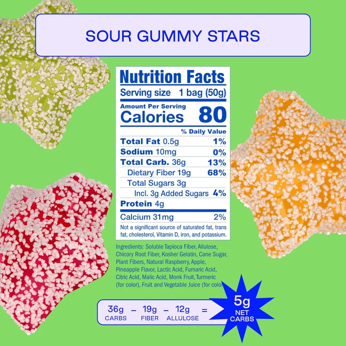 BEHAVE Low Sugar Gummy Candy, Sour Stars Raspberry Pineapple Apple