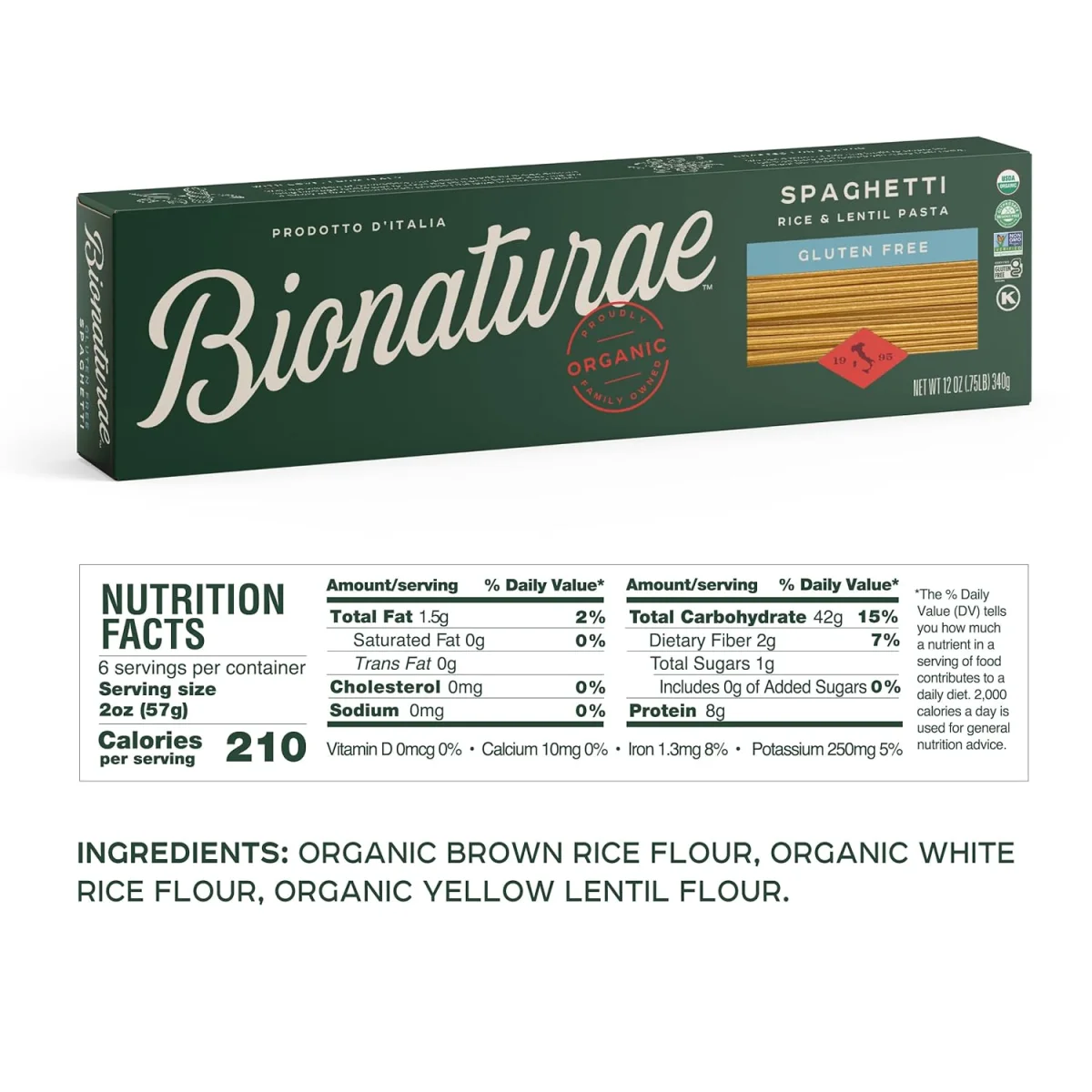 Bionaturae Organic Gluten Free Rice & Lentil Spaghetti Pasta - 12 oz