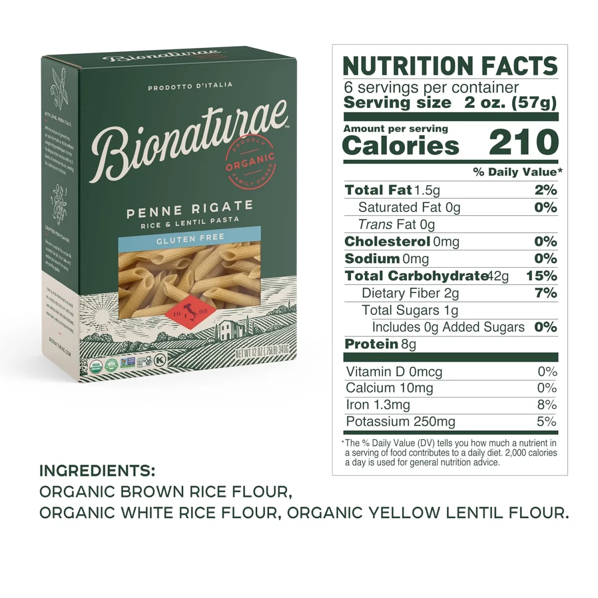 Bionaturae Organic Gluten Free Rice & Lentil Penne Rigate Pasta - 12 oz