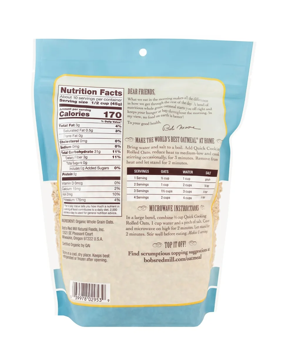Bob's Red Mill Organic Whole Grain Rolled Oats, Quick Cooking - 16 oz