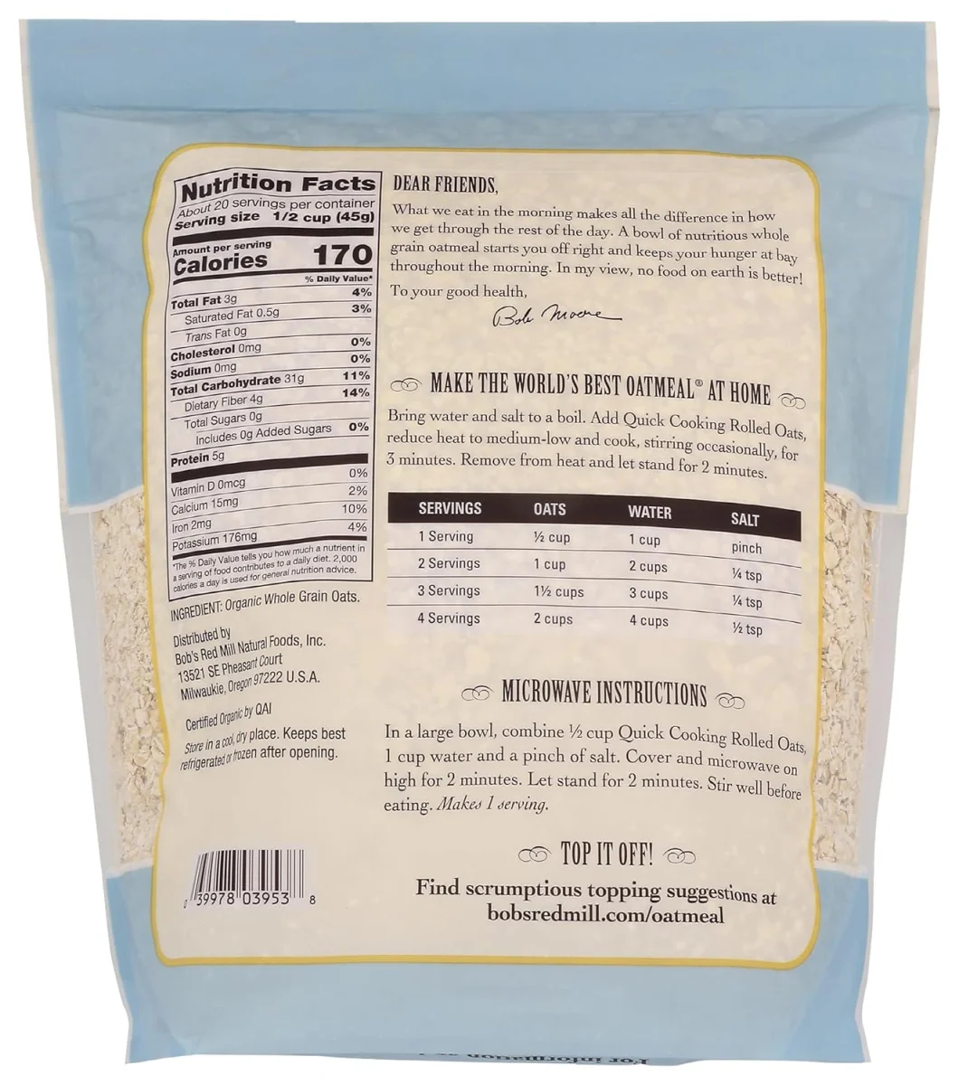 Bob's Red Mill Organic Whole Grain Rolled Oats, Quick Cooking - 32 oz