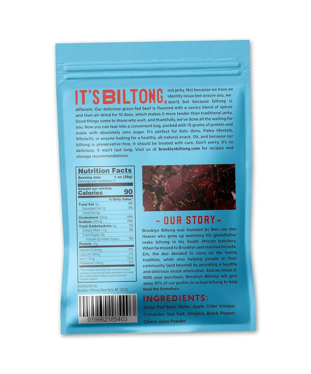 Brooklyn Biltong, Air Dried Grass Fed Beef Snack, Original - 8 oz