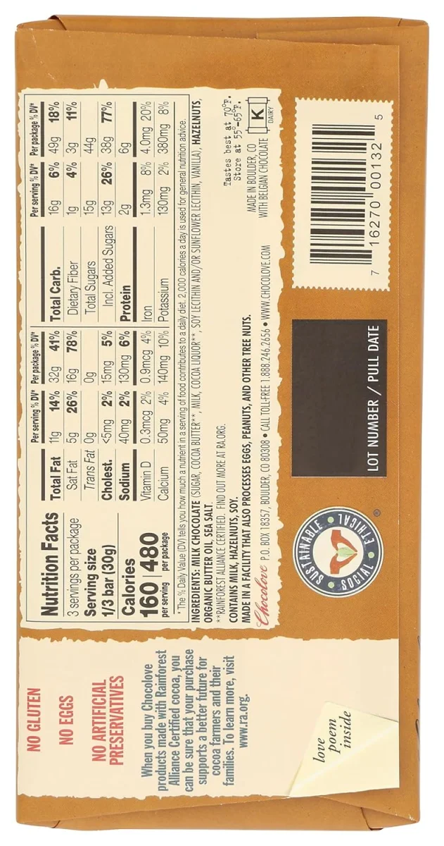 Chocolove Milk Chocolate Bar, Hazelnut - 3.2 oz