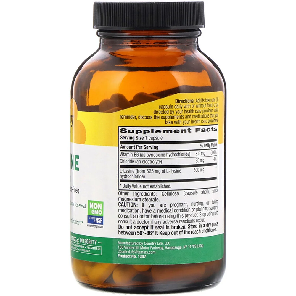 Country Life L-Lysine Gluten Free - 500 mg - 100 Vegetarian Capsules