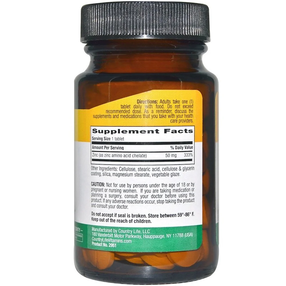 Country Life Chelated Zinc - 50 mg - 100 Tablets