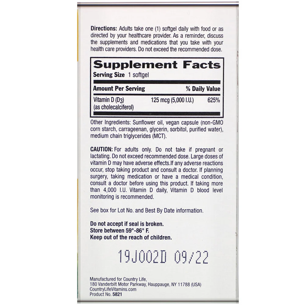 Country Life Vegan D3 Gluten Free - 5000 IU - 60 Vegetarian Softgels