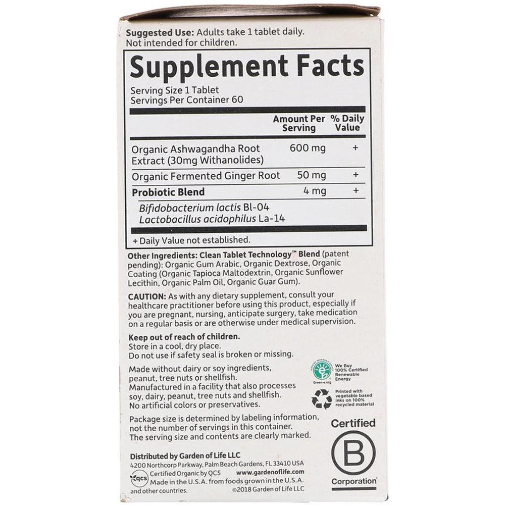 Garden of Life Organics Ashwagandha Stress & Mood Herbal Supplement - 60 Vegan Tablets