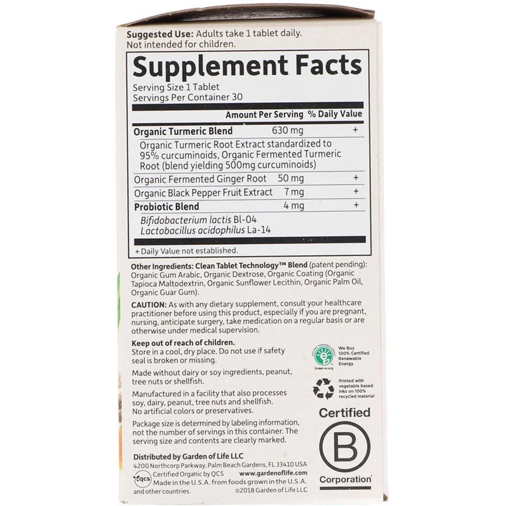 Garden of Life Organics Turmeric Maximum Strength Joints & Mobility - 30 Vegan Tablets