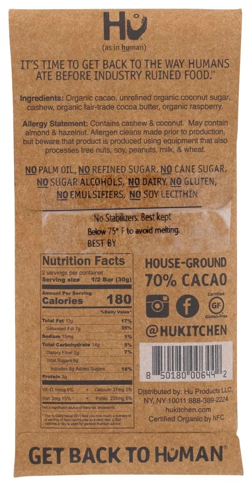 Hu Dark Chocolate Bar, Cashew Butter & Raspberry Jelly - 2.1 oz