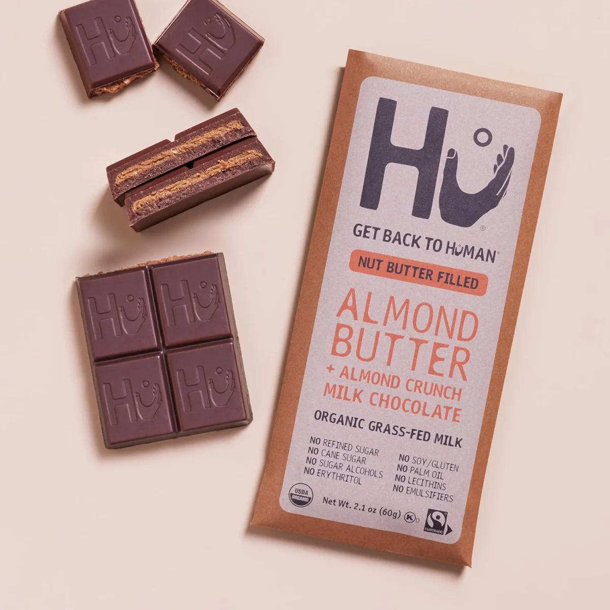 Hu Organic Fair Trade Milk Chocolate Bar, Almond Butter Almond Crunch - 2.1 oz