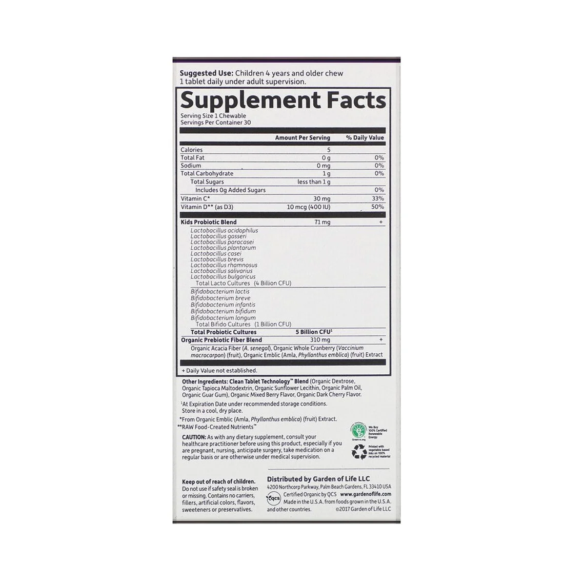 Garden of Life Kids Dr. Formulated Probiotics Organic Shelf Stable Berry Cherry - 5 billion - 30 Chewables