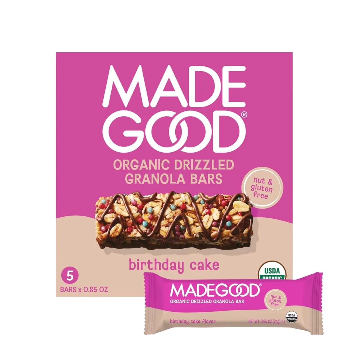 MadeGood Organic Chewy Chocolate Drizzled Granola Bars, Birthday Cake - 5 Bars