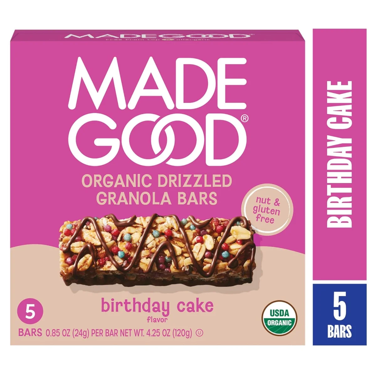 MadeGood Organic Chewy Chocolate Drizzled Granola Bars, Birthday Cake - 5 Bars