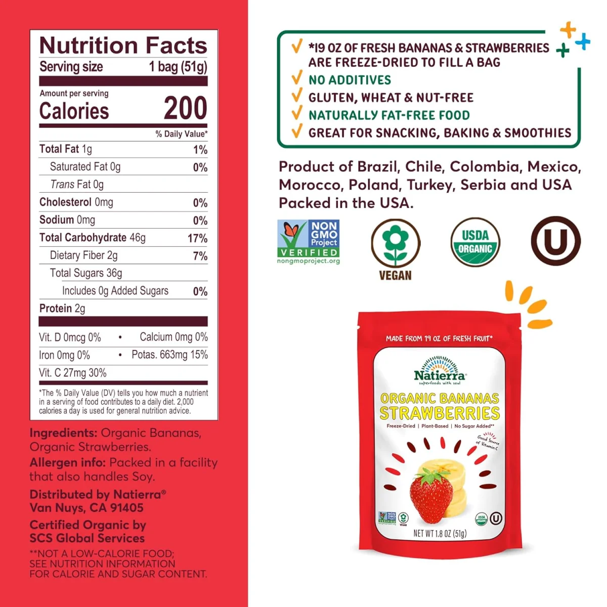 Natierra Organic Freeze Dried Bananas & Strawberries - 1.8 oz