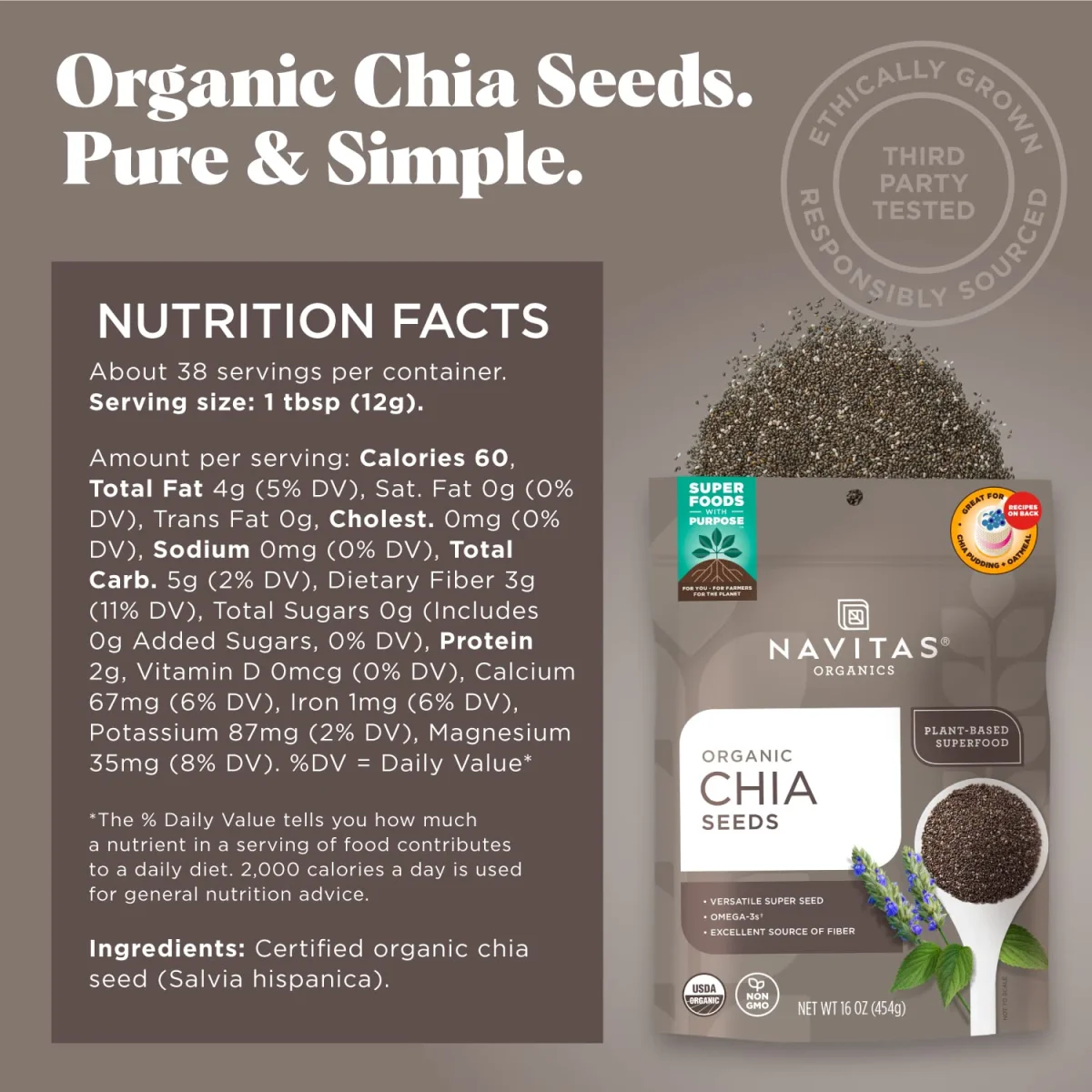 Navitas Organics Organic Chia Seeds, Omega-3s & Fiber - 16 oz