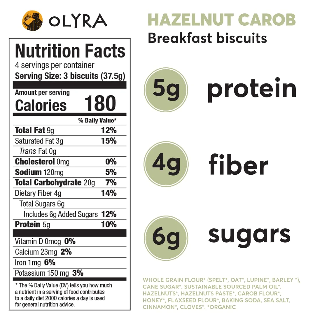 Olyra Organic Breakfast Biscuits, Hazelnut Carob