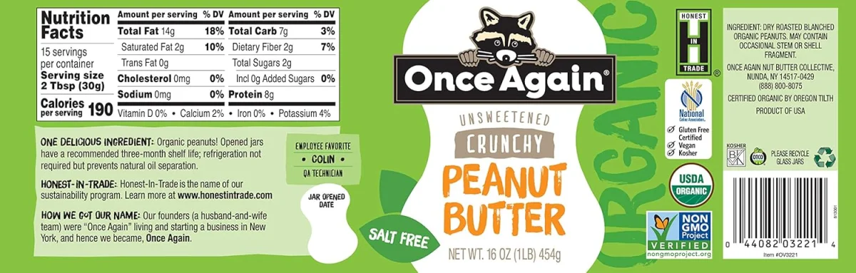Once Again Organic Crunchy Peanut Butter, Unsalted - 16 oz
