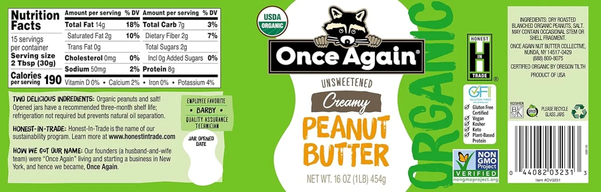 Once Again Organic Creamy Peanut Butter, Unsalted - 16 oz