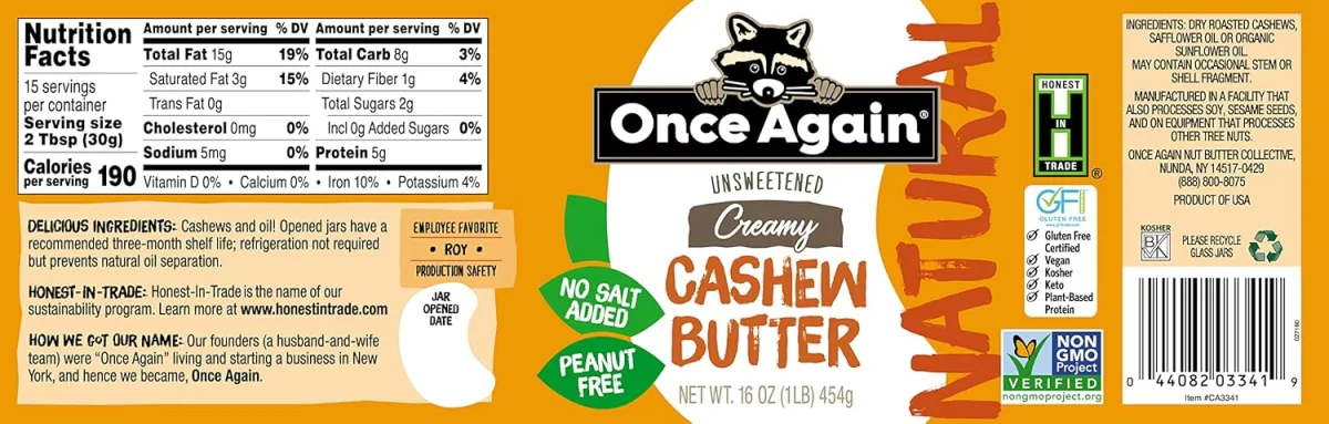 Once Again Natural Creamy Almond Butter, Unsweetened & Roasted - 16 oz