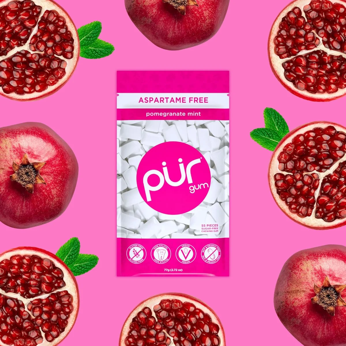 PUR Gum Aspartame Free Chewing Gum, 100% Xylitol, Natural Peppermint - 55 Pieces