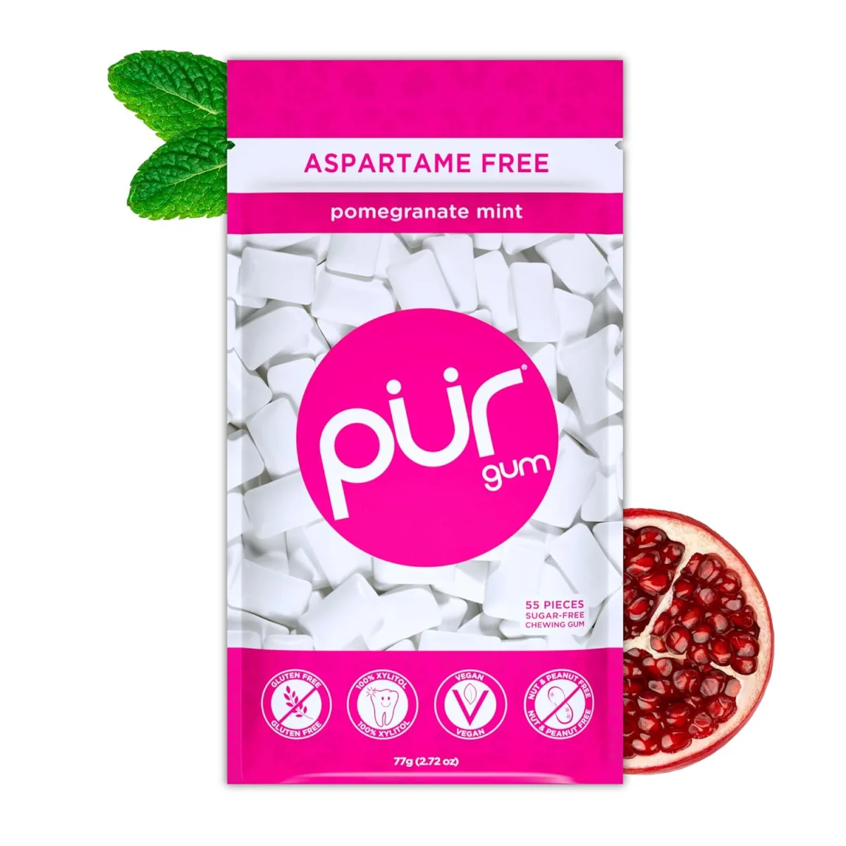 PUR Gum Aspartame Free Chewing Gum, 100% Xylitol, Natural Peppermint - 55 Pieces