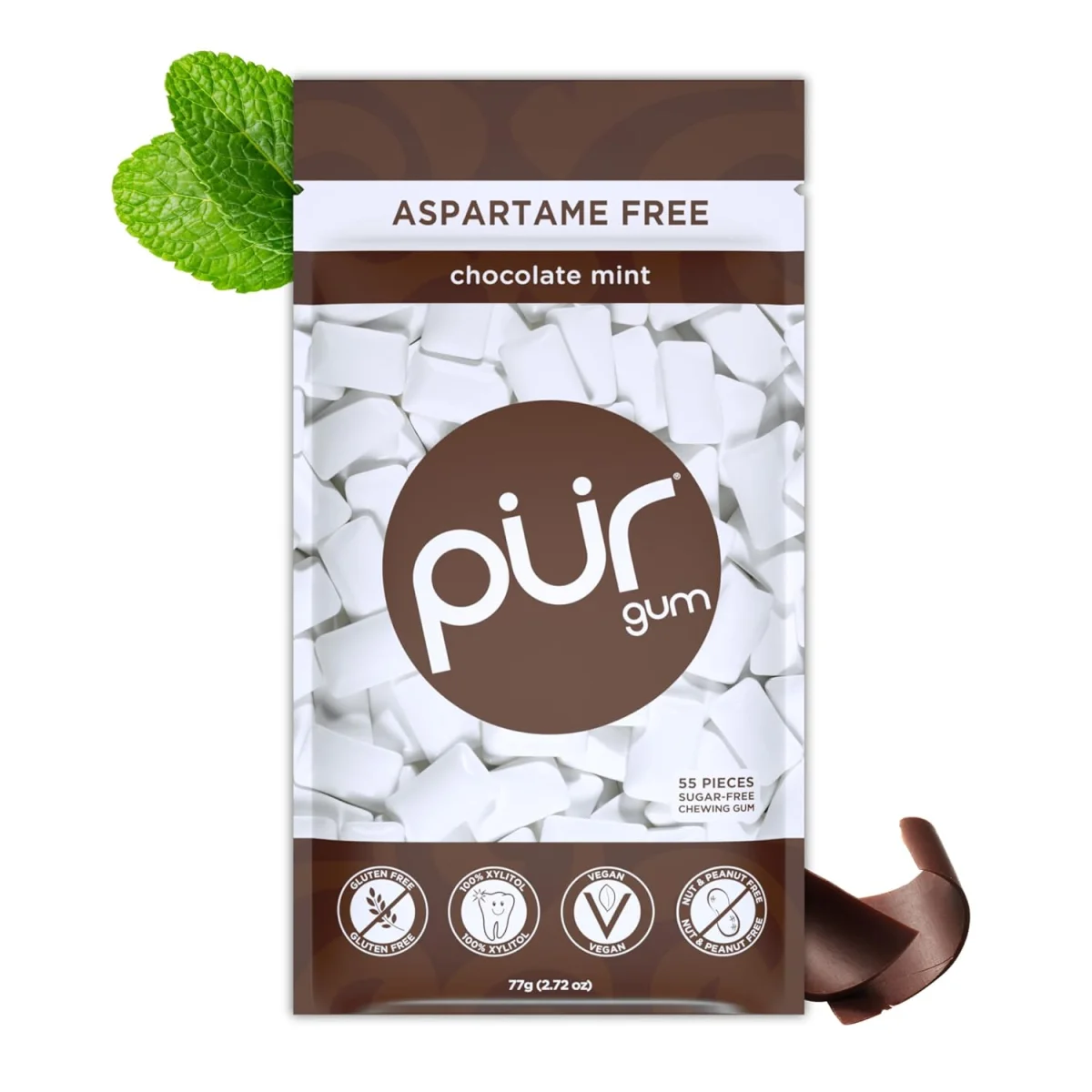 PUR Gum Aspartame Free Chewing Gum, 100% Xylitol, Natural Chocolate Mint - 55 Pieces