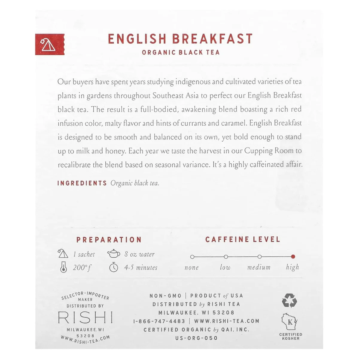 Rishi Tea Organic English Breakfast Black Tea - 15 Sachets