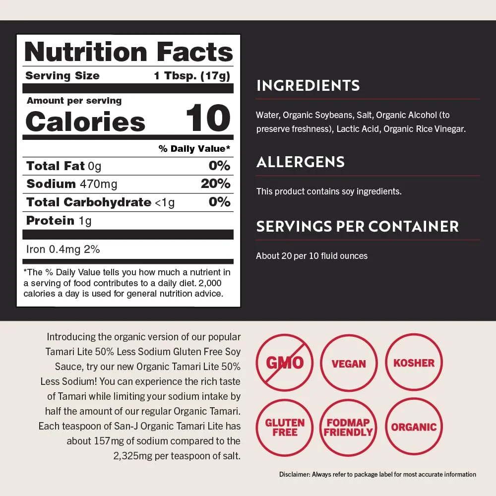 San-J Organic Gluten Free Tamari Soy Sauce, 50% Less Sodium