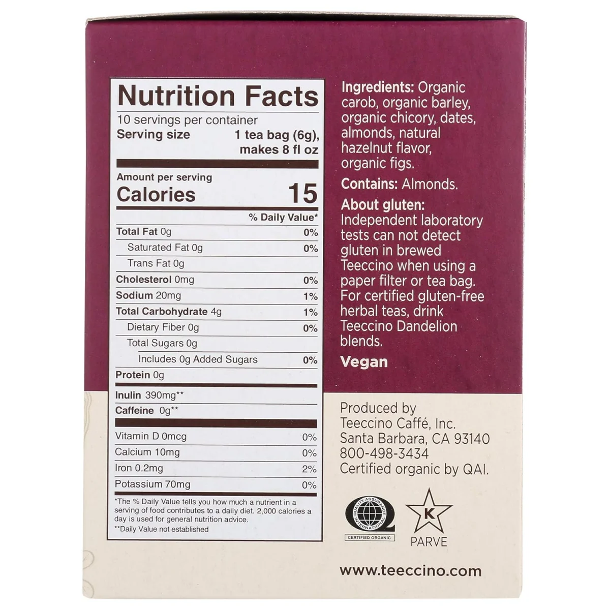 Teeccino Hazelnut Chicory Coffee Alternative - 11 oz