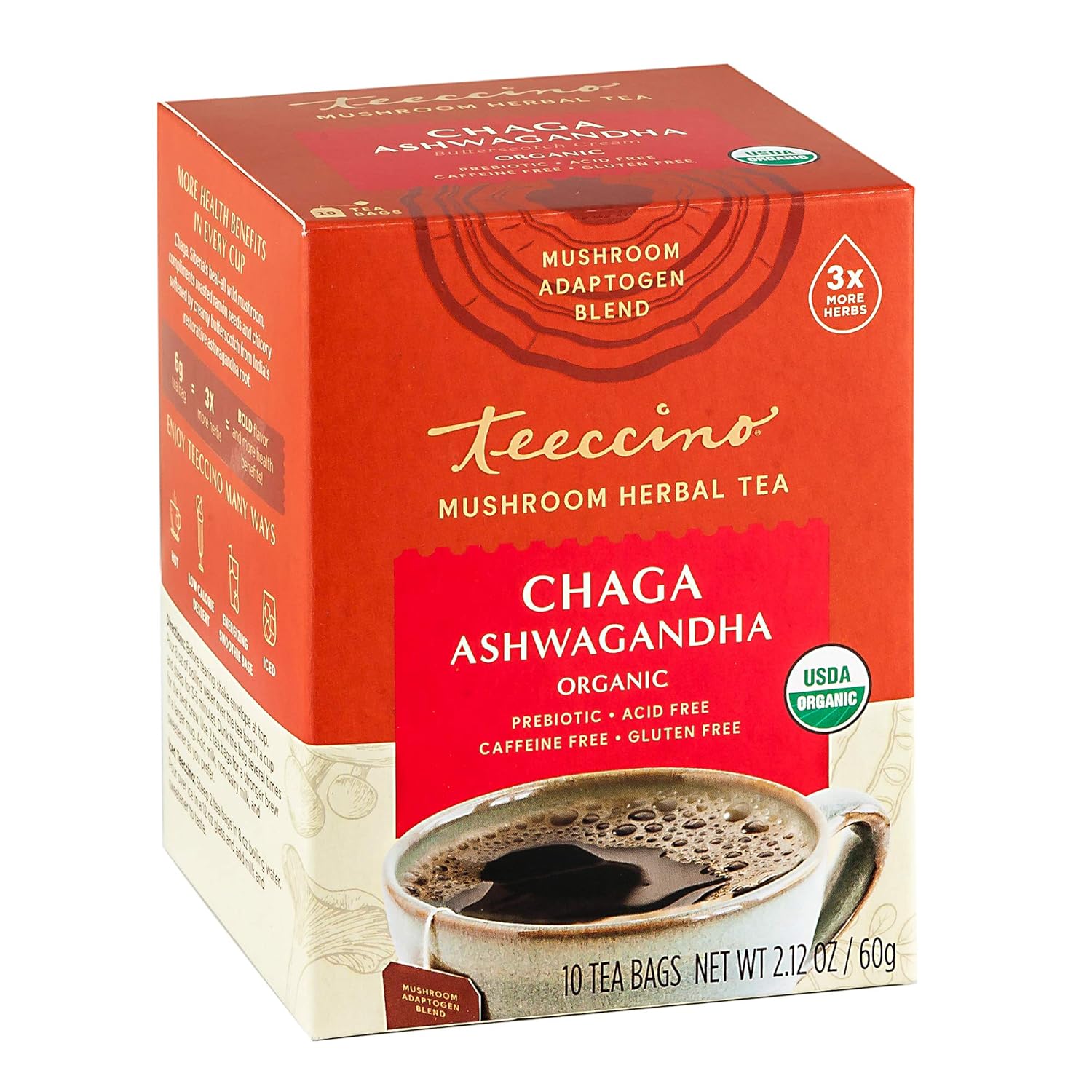 Teeccino Chaga Ashwagandha Tea, Butterscotch Cream - 25 Tea Bags