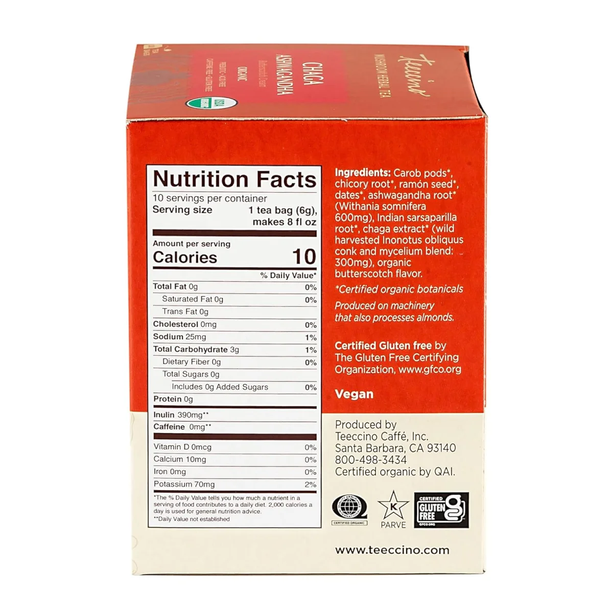 Teeccino Chaga Ashwagandha Tea, Butterscotch Cream - 25 Tea Bags