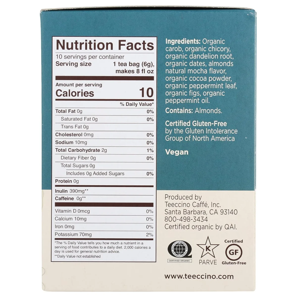 Teeccino Dandelion Mocha Mint Herbal Coffee, Medium Roast - 10 oz