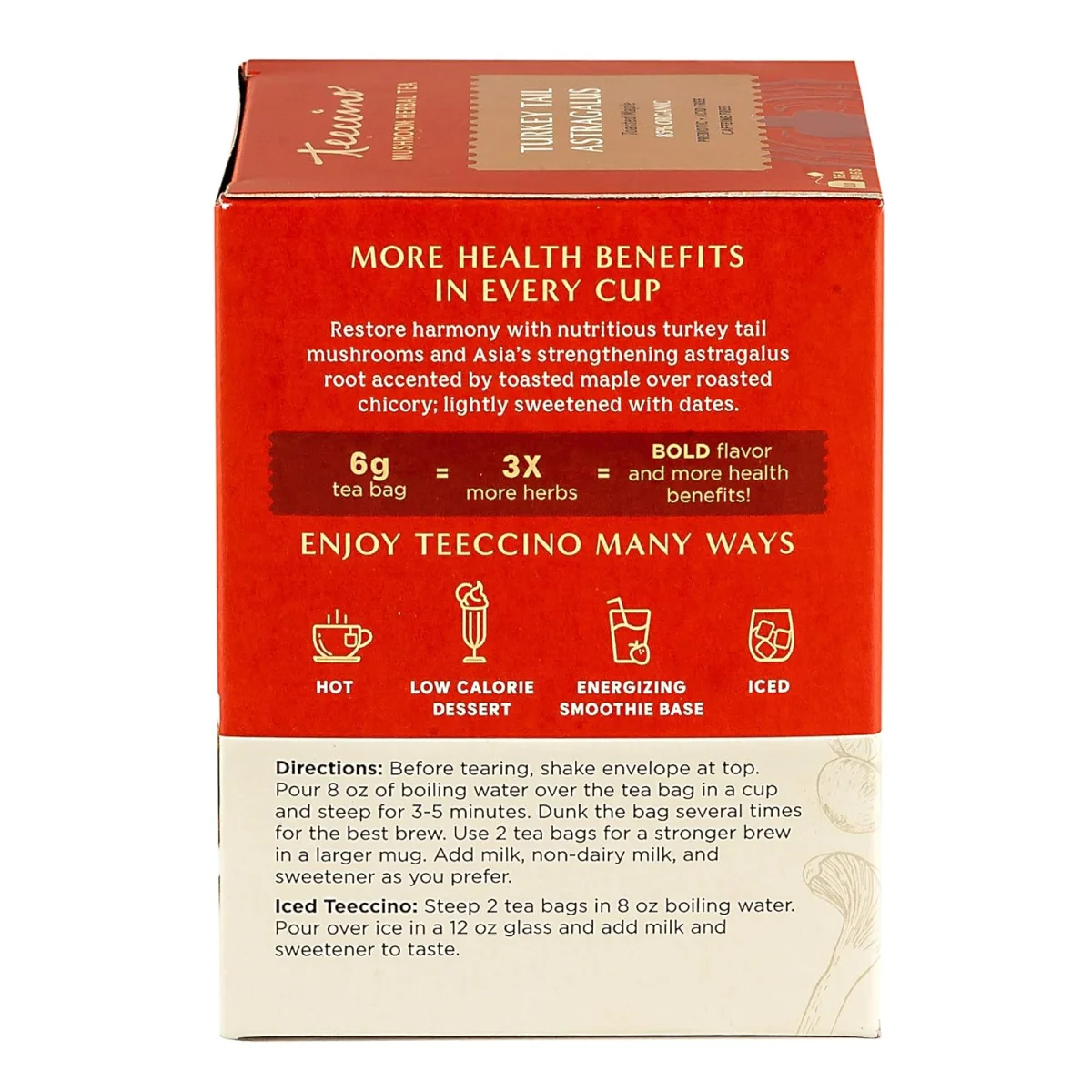 Teeccino Mushroom Herbal Tea, Turkey Tail Astragalus, Caffeine Free - 10 Tea Bags