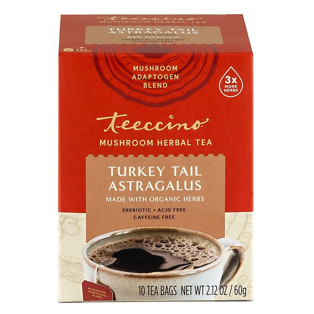 Teeccino Mushroom Herbal Tea, Turkey Tail Astragalus, Caffeine Free - 10 Tea Bags