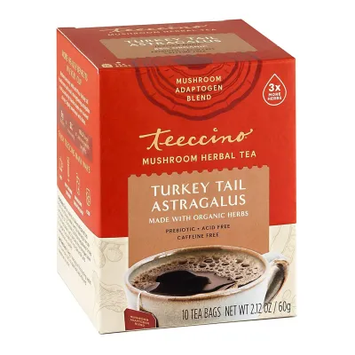 Teeccino Mushroom Adaptogen Herbal Tea, Turkey Tail Astragalus, Caffeine Free - 10 Tea Bags