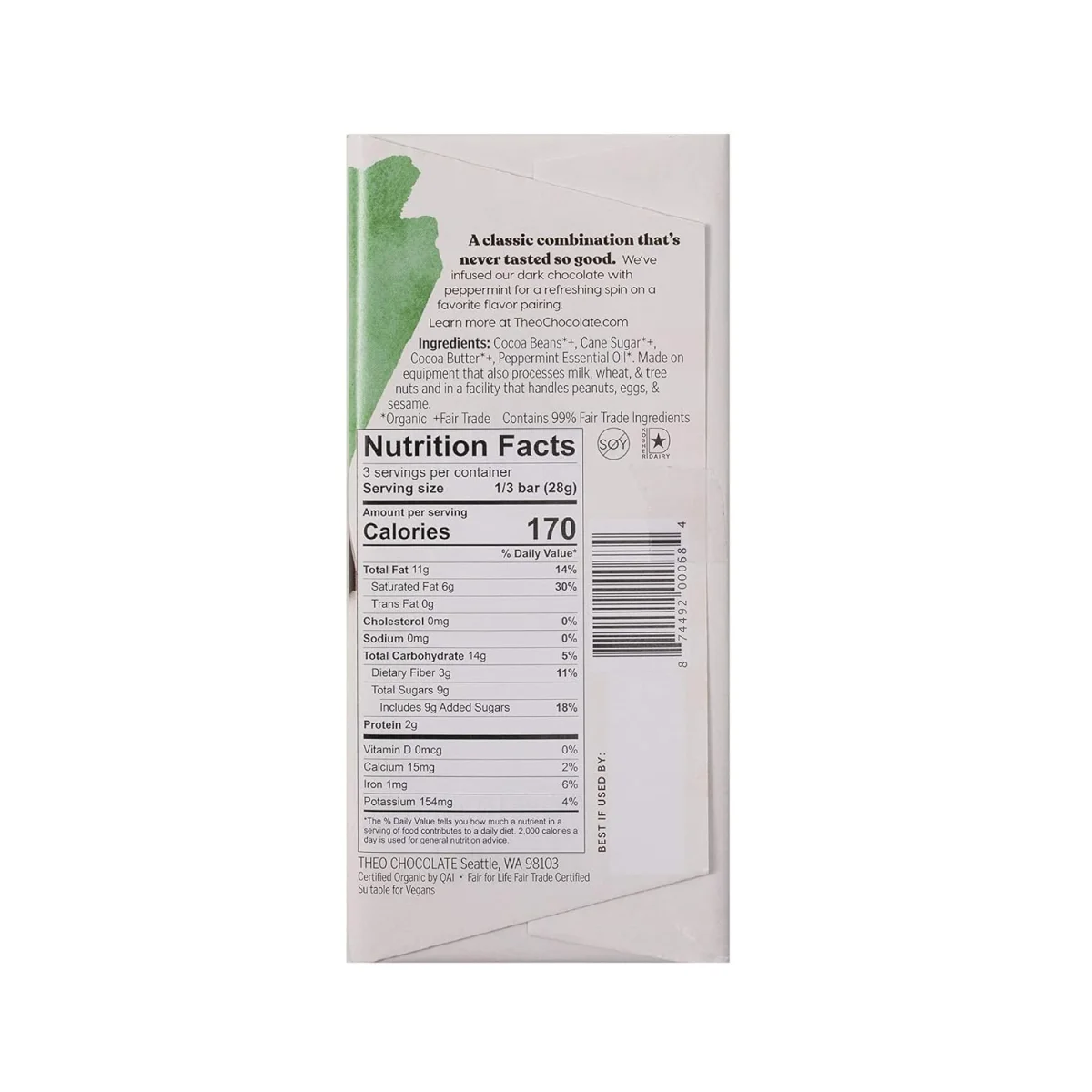 Theo Organic 70% Dark Chocolate Bar, Mint - 3 oz