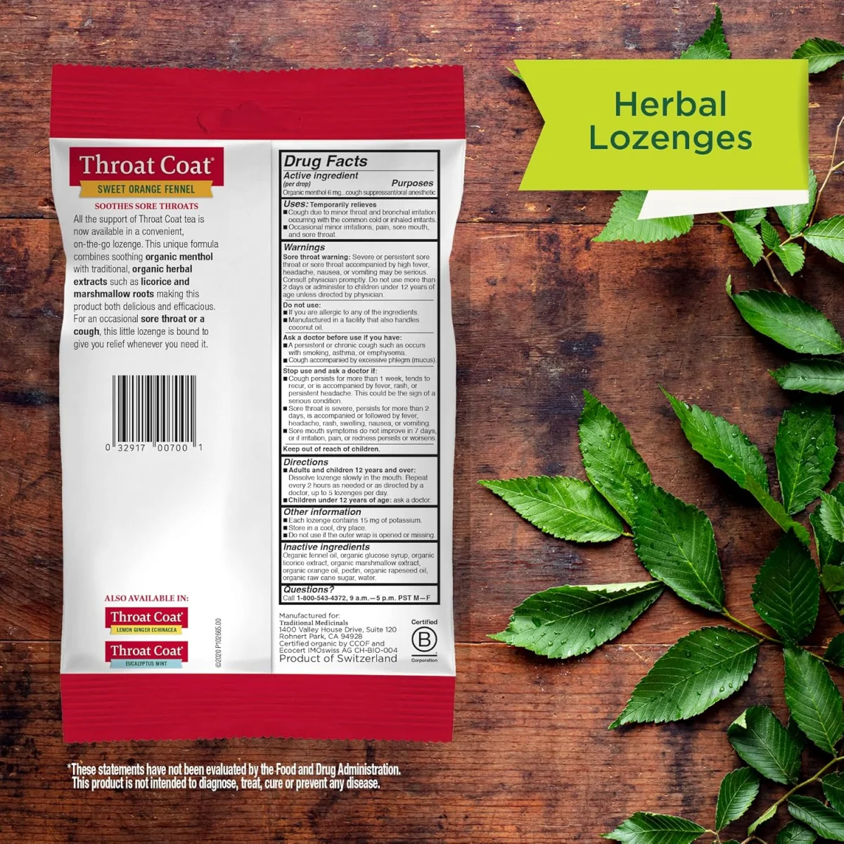 Traditional Medicinals Organic Throat Coat Lozenges, Sweet Orange Fennel