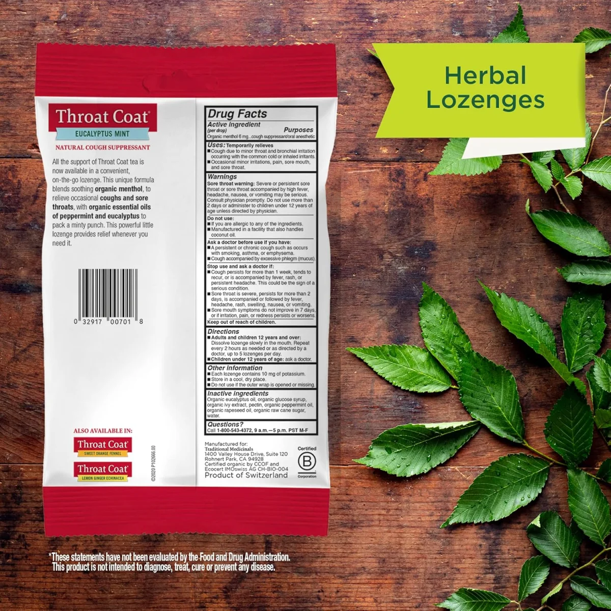 Traditional Medicinals Organic Throat Coat Lozenges, Eucalyptus Mint