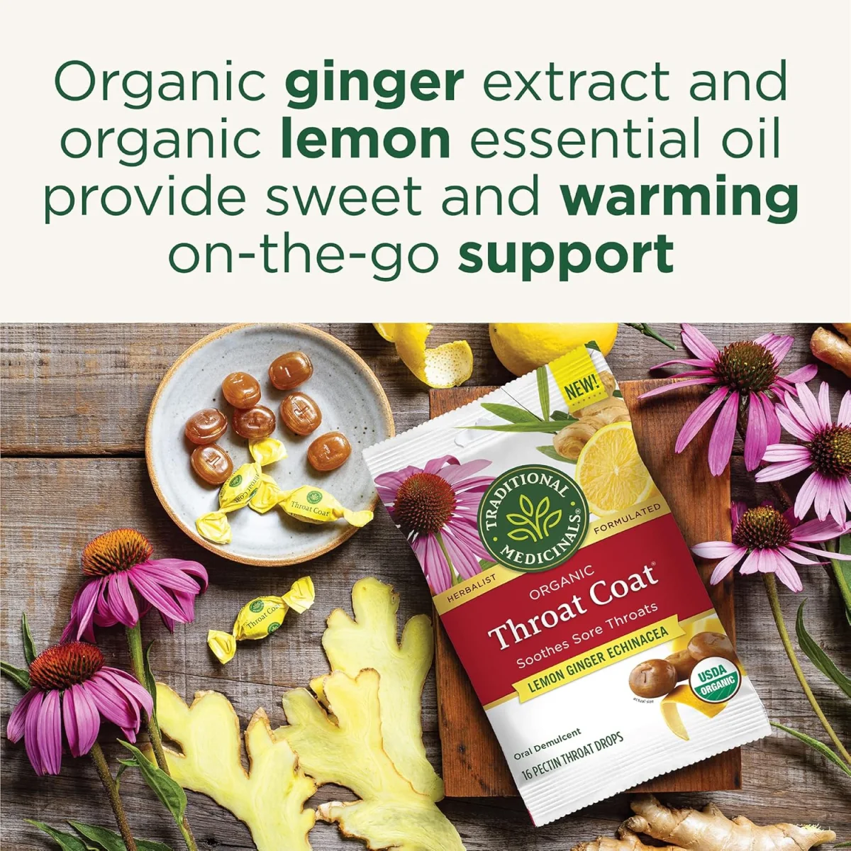 Traditional Medicinals Organic Throat Coat Lozenges, Lemon Ginger Echinacea