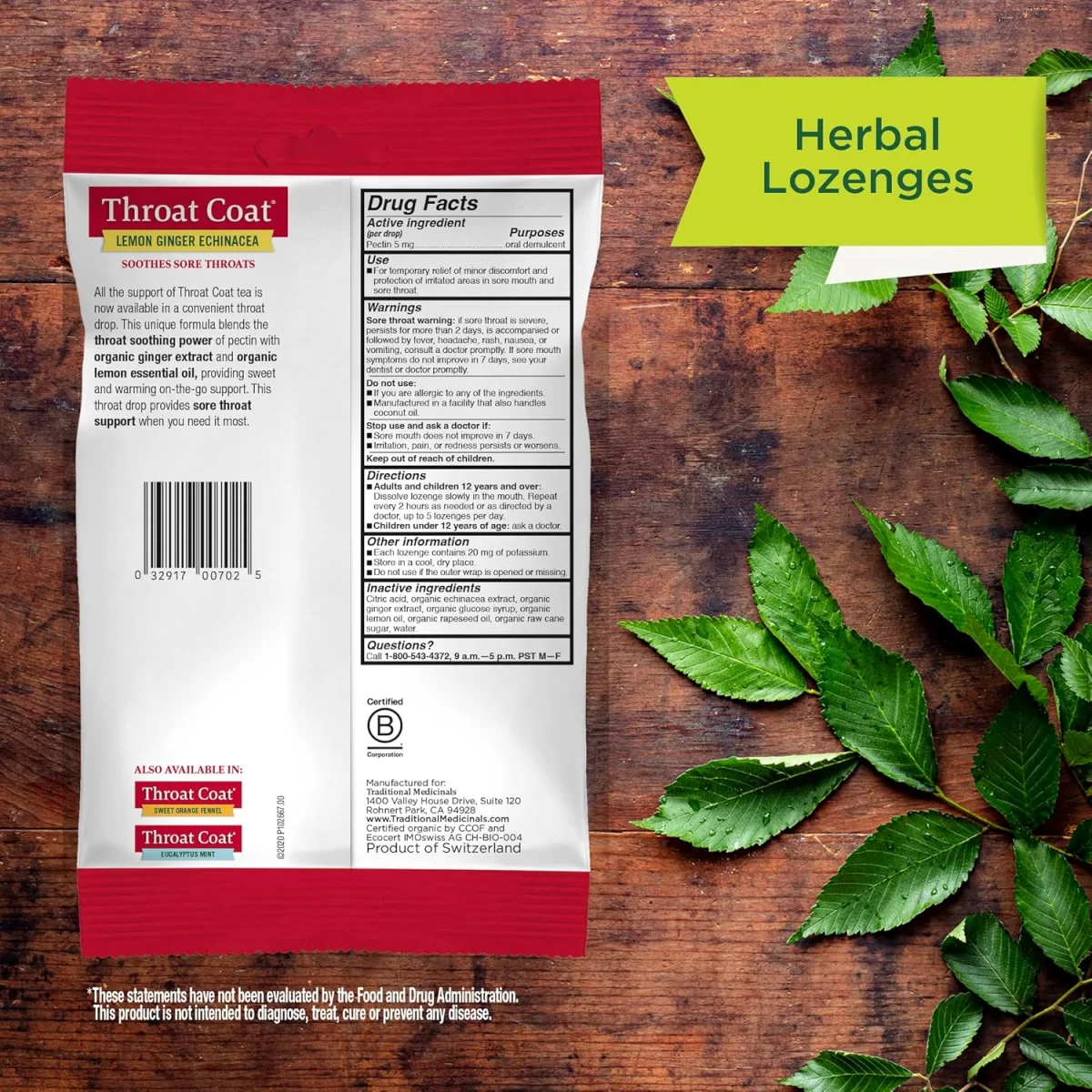 Traditional Medicinals Organic Throat Coat Lozenges, Lemon Ginger Echinacea